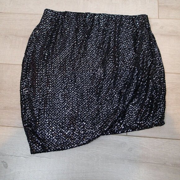 Theory Hailey Skirt Black Metallic Sequin Asymmetrical Hem - Picture 4 of 12